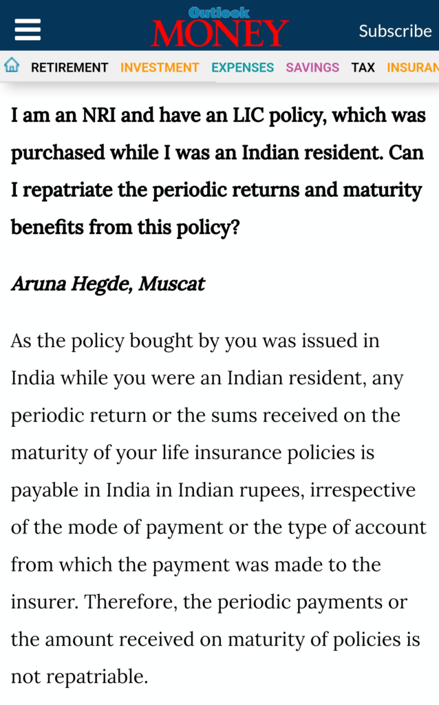 Non-Repatriable Amounts from Insurance Maturity or Claims